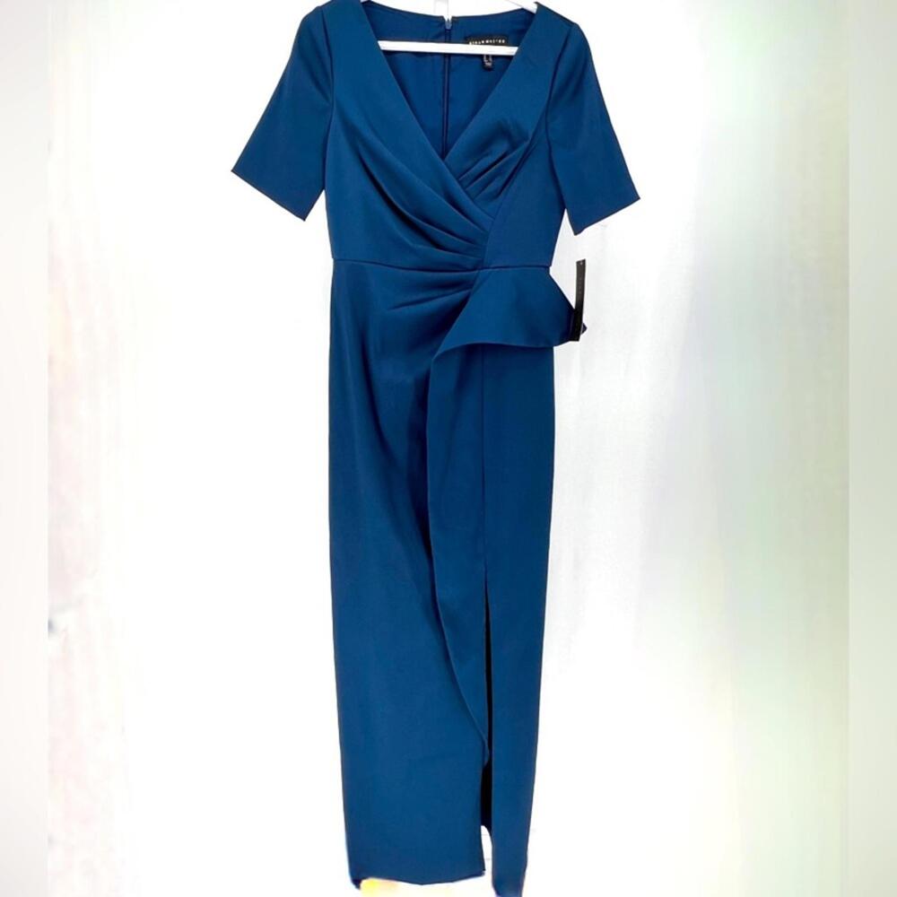 AIDAN MATTOX V-Neck Mikado Gown sz 0 Ruched Short Sleeves Peplum Detail Gala - Picture 4 of 10